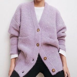 Zara Chunky Knit Lavender Oversized Button-Down Sweater Cardigan